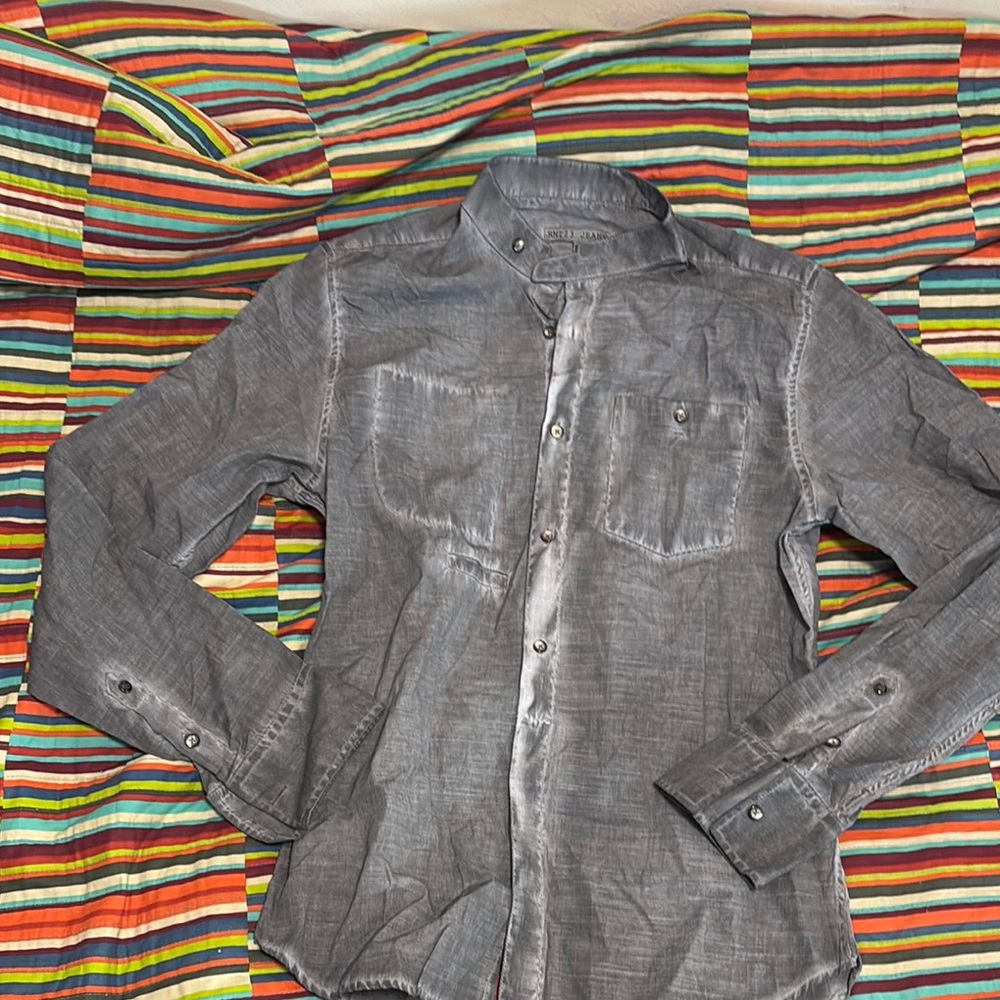 RNT23 jeans size large long sleeve button up, distressed fade fast shipping